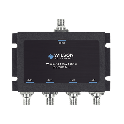 Divisor de potencia de 4 vías para la distribución de señal a dos antenas de servicio | 6 dB de pérdida por puerto | Conectores F hembra