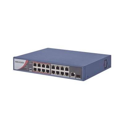 Switch PoE+ / No Administrable / 16 Puertos 10/100 Mbps PoE+ / 1 Puerto 10/100/1000 Mbps + 1 Puerto SFP Uplink / PoE hasta 250 metros / 130 W