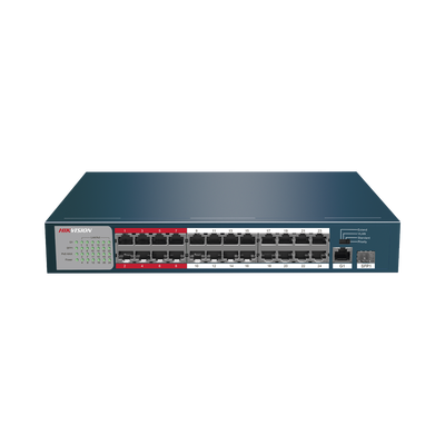 Switch PoE+ / No Administrable / 24 Puertos 10/100 Mbps PoE+ / 1 Puerto 10/100/1000 Mbps + 1 Puerto SFP Uplink / PoE hasta 250 metros / 230 W