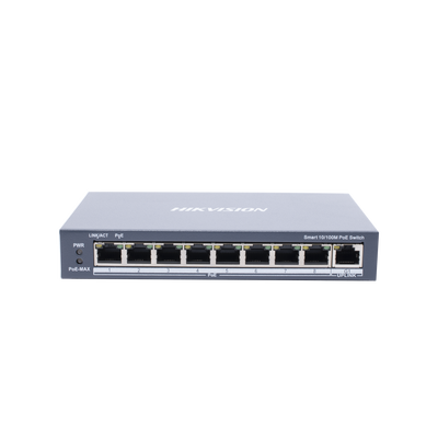 Switch Monitoreable PoE+ / 8 puertos 10/100 Mbps PoE+ / 1 puerto 10/100/1000 Mbps de Uplink / PoE hasta 250 metros / conexión remota desde Hik-ProConnect / 110 W