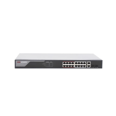 Switch PoE+ / Administrable / 16 puertos 10/100 Mbps PoE+ / 2 puertos SFP / configuración remota desde Hik-ProConnect / PoE hasta 250 metros / 230 W