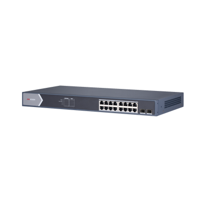 Switch Gigabit PoE+ / Administrable / 16 puertos 10/100/1000 Mbps PoE+ / 2 puertos SFP / configuración remota desde Hik-ProConnect / PoE hasta 250 metros / 225 W