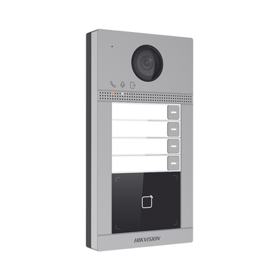 Videoportero IP (IP65 + IK08) con Llamada y apertura desde APP Hik-Connect / Soporta 4 Departamentos / PoE Estandar / Interfaz WEB para configuración / 2 puertas