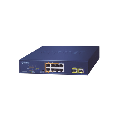 Switch PoE No Administrable de Escritorio, 2 puertos Gigabit 802.3bt, 4 Puertos gigabit 802.3at, 2 puertos 10/100/1000, 2 Puertos SFP Gigabit.