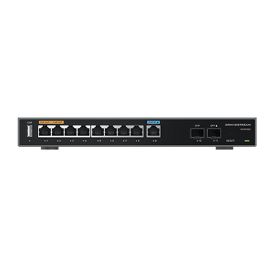 Router Gigabit VPN / Balanceador de cargas / 60,000 sesiones NAT /  9 puertos 10/100/1000 Mbps + 2 puertos SFP (WAN/LAN) / 1 puerto entrada PoE(af/at) / 2 puertos salida PoE (af/at) / Compatible con GWN Cloud.