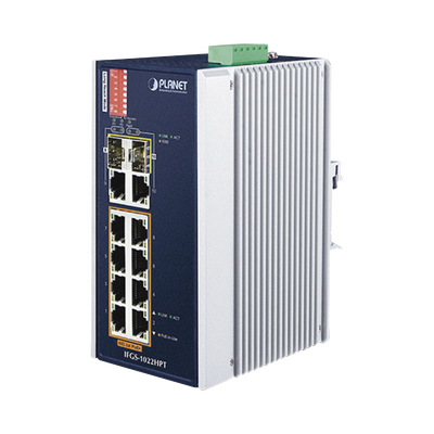 Switch Industrial PoE no administrable de 8 Puertos 10/100TX 802.3at,  Hasta 240 W, Combo TP / SFP Gigabit TP / SFP  (-40 ~ 75 grados C)