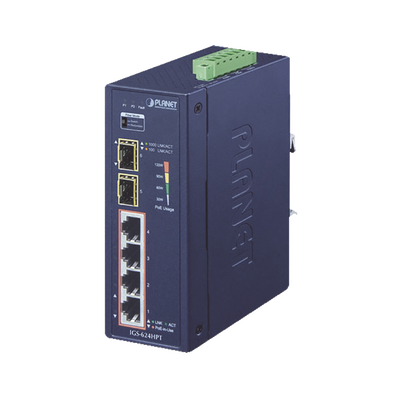 Switch PoE Industrial No Administrable de 4 Puertos PoE 10/100/1000T 802.3at, 2 Puertos SFP 10/1000X