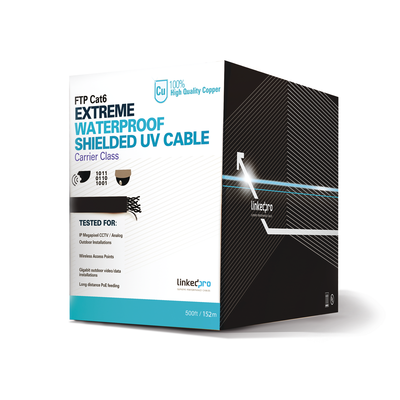 Bobina de 152.5 metros Cat6+ CALIBRE 23 Exterior Blindado tipo FTP Para Climas Extremos, UL para aplicaciones de CCTV y redes de datos. Para uso en Intemperie.