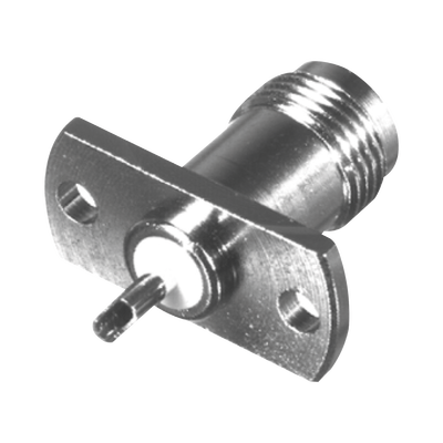 Conector TNC Hembra para Chasis de 2 Perforaciones de 18 mm, Terminal Soldable, Níquel/ Oro/ Teflón.