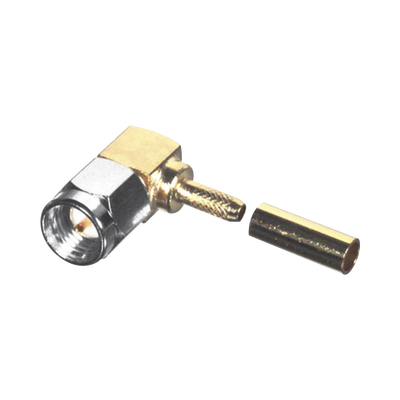 Conector SMA Macho en Ángulo Recto Para RG-174/U, Grupo B, Tuerca de Acoplamiento de Acero Inoxidable Oro/ Oro/ Teflón.