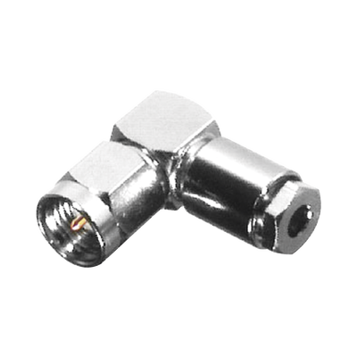 Conector SMA Macho en Ángulo Recto, de Rosca para RG-174/U, Grupo B, Níquel/ Oro/ Teflón.â€‹