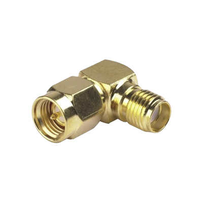 Adaptador en Ángulo Recto, de Conector SMA Macho a SMA Hembra, Oro/ Oro/ Teflón.