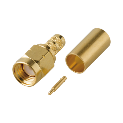 Conector SMA Macho de Rosca Izquierda, Anillo Plegable para Cable RG-58/U, Oro/ Oro/ Teflón. 