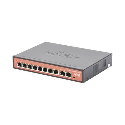 Switch PoE (802.3af/at/bt) / No administrable de largo alcance / Hasta 250m / 8x 10/100Mbps Puertos PoE + 2x Puertos Gigabit Uplink, / Hasta 120W