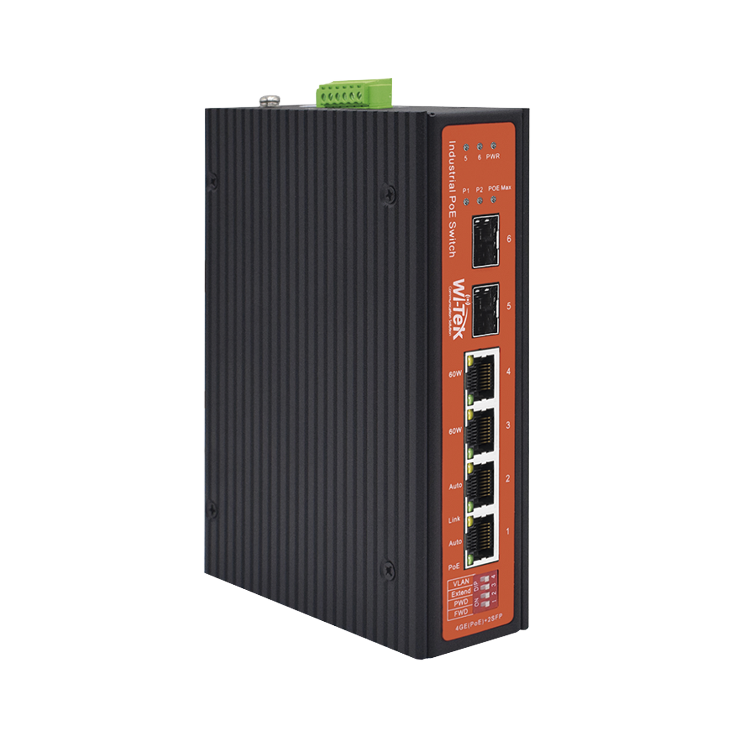 Switch Industrial PoE++ y pasivo de 24V / No administrable con 4 puertos Gigabit + 2 SFP / Presupuesto máx 180 W / Watchdog