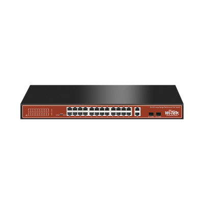 Switch PoE (802.3af/at/bt) / No administrable de largo alcance / Hasta 250m / Con 24 x 10/100Mbps + 2 x SFP Gigabit Combo / 250 W